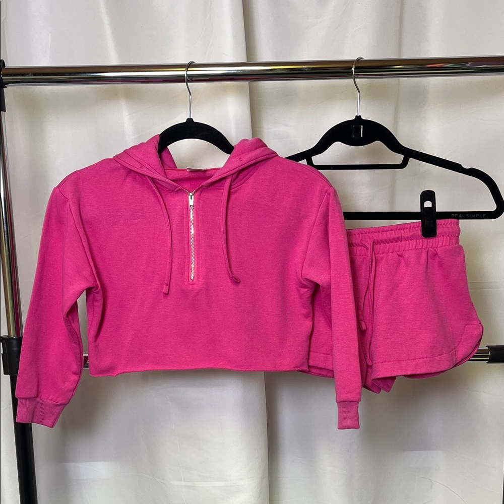 Suzette Collection Girls brushed soft Cropped half zip Hoodie Shorts Set pink M